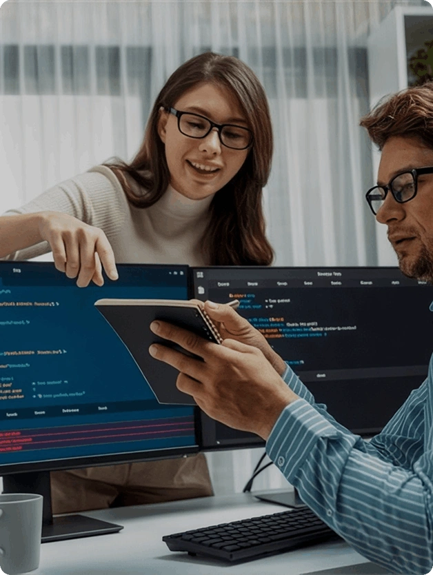 Custom software development team working together